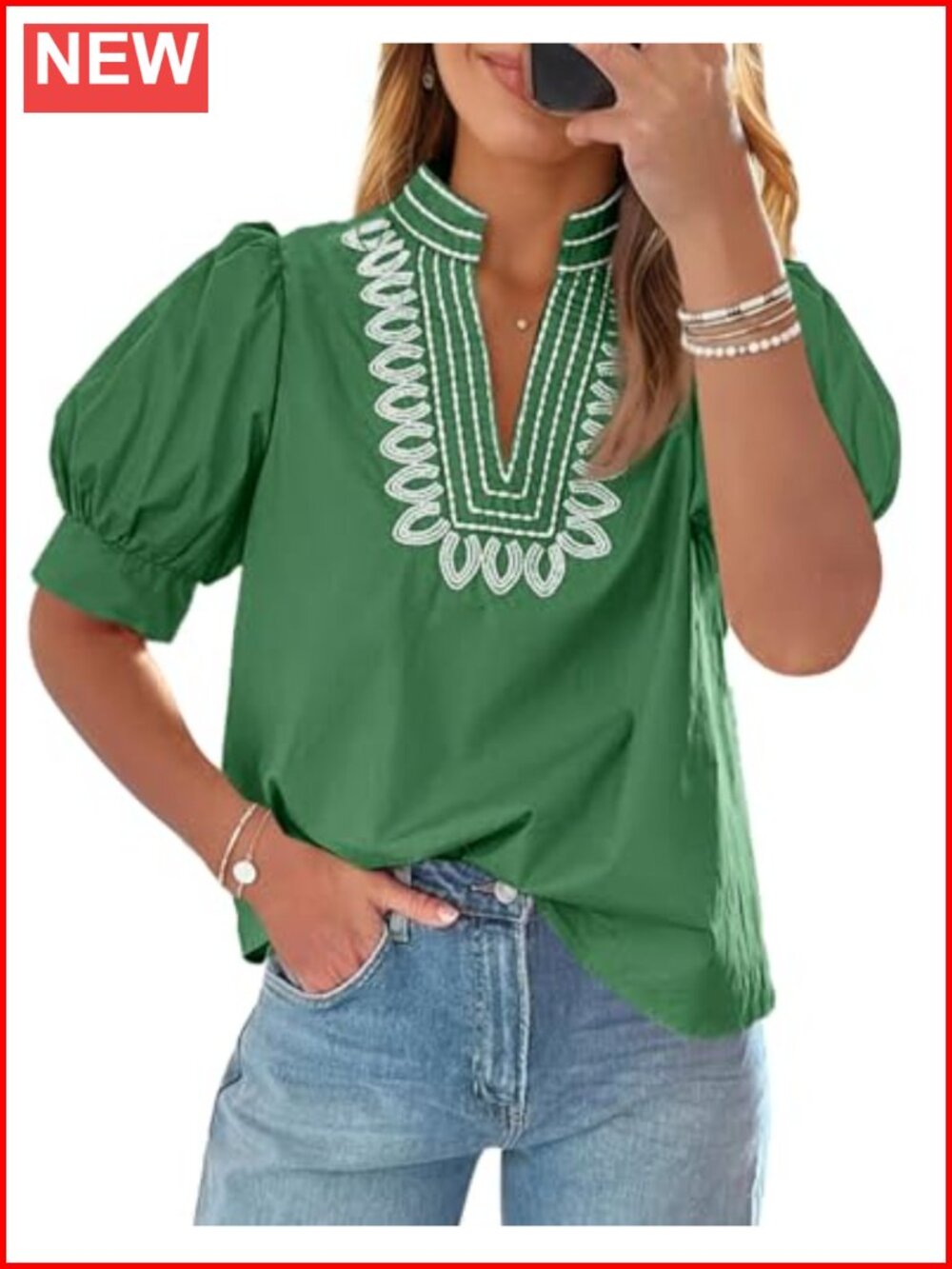 Embroidered V-Neck Puff Sleeve Blouse
